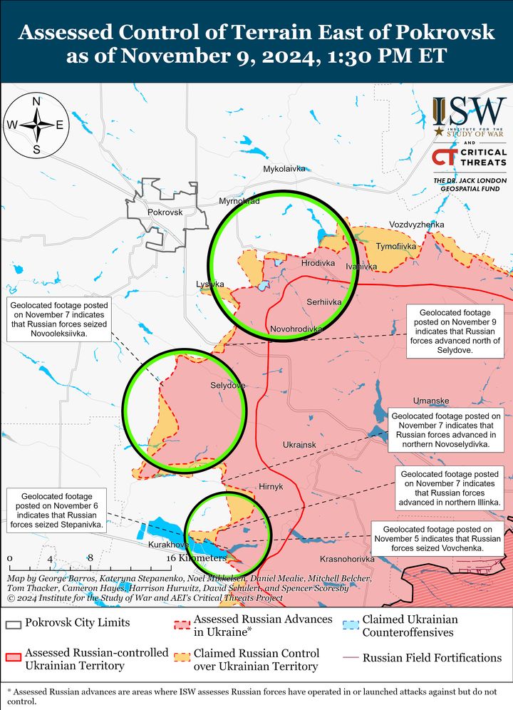 Assessed Control of Terrain East of Pokrovsk as of November 9, 2024, 1:30 PM ET