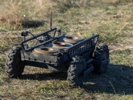 A ground drone showcasing the logistic support element which the drones can provide by transporting mines. Photo via Ukrainian Armed Forces/Facebook.