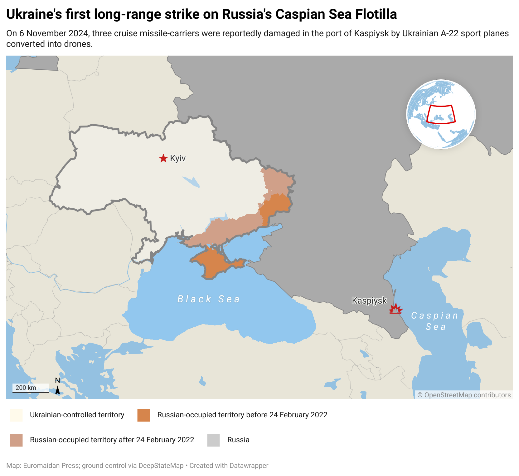 On 6 November 2024, three cruise missile-carriers were reportedly damaged in the port of Kaspiysk by Ukrainian A-22 sport planes converted into drones.