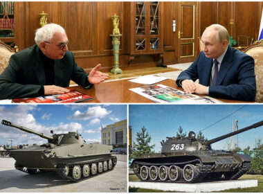 Mosfilm transfers its T-55, PT-76 tanks from 1950s to Russian army amid equipment shortage Top: Mosfilm director Karen Shakhnazarov (L) talking to Russian President Vladimir Putin (R) on 13 November in Moscow (photo: kremlin.ru); Bottom left: PT-76 light Soviet tank, bottom right: T-55 tank (file photos).