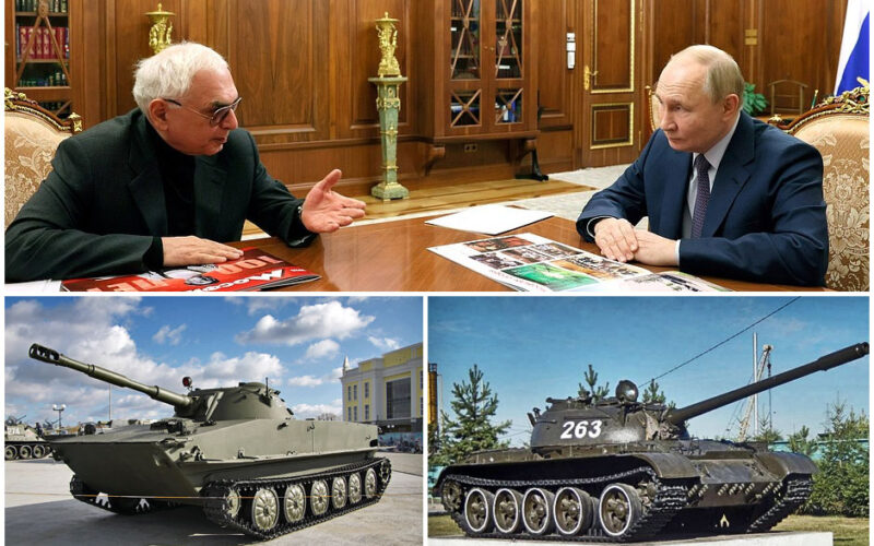 Mosfilm transfers its T-55, PT-76 tanks from 1950s to Russian army amid equipment shortage Top: Mosfilm director Karen Shakhnazarov (L) talking to Russian President Vladimir Putin (R) on 13 November in Moscow (photo: kremlin.ru); Bottom left: PT-76 light Soviet tank, bottom right: T-55 tank (file photos).