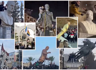 ukraine assad's downfall all side putin face always betrays syrian reenactment ukraine's lenin-fall syrians topple manuments assad family members across country following regime fall 8 2024 collage euromaidan press images