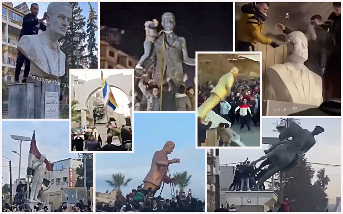 ukraine assad's downfall all side putin face always betrays syrian reenactment ukraine's lenin-fall syrians topple manuments assad family members across country following regime fall 8 2024 collage euromaidan press images