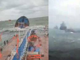 two russian tankers sink near kerch strait amid storm sinking 15 2024 screenshots liga telegram/112 russian-tanker-being-promoted-to-submarines volganeft carrying mazut fuel occupied crimea after being damaged sea one 27 crew member