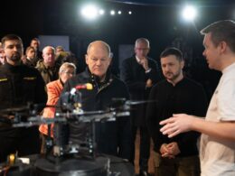 ukraine shows off new drone tech scholz zelenskyy including ai systems german chancellor olaf (center left) ukrainian president volodymyr right) exhibition models kyiv 2 2024 presidentgovua gazing drones e56f7a7d54dd178c207d511c03158797_1733142850_extra_large two