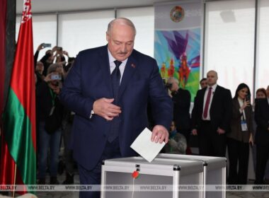 Self-proclaimed Belarusian president Alexander Lukashenko is casting a ballot during a presidential election in 2025, characterized as "sham" and "farce" by international audience.