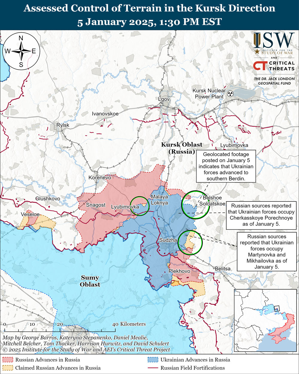 ukrainian forces enter multiple settlements kursk oblast isw says berdin-cherkasskoye-porechnoye-martynovka-and-mikhaylovka-northeast-of-sudzha-kursk launched renewed offensives russia's 5 achieving tactical advances several areas institute study war (isw) meanwhile russians counterattacked response assaults ukraine