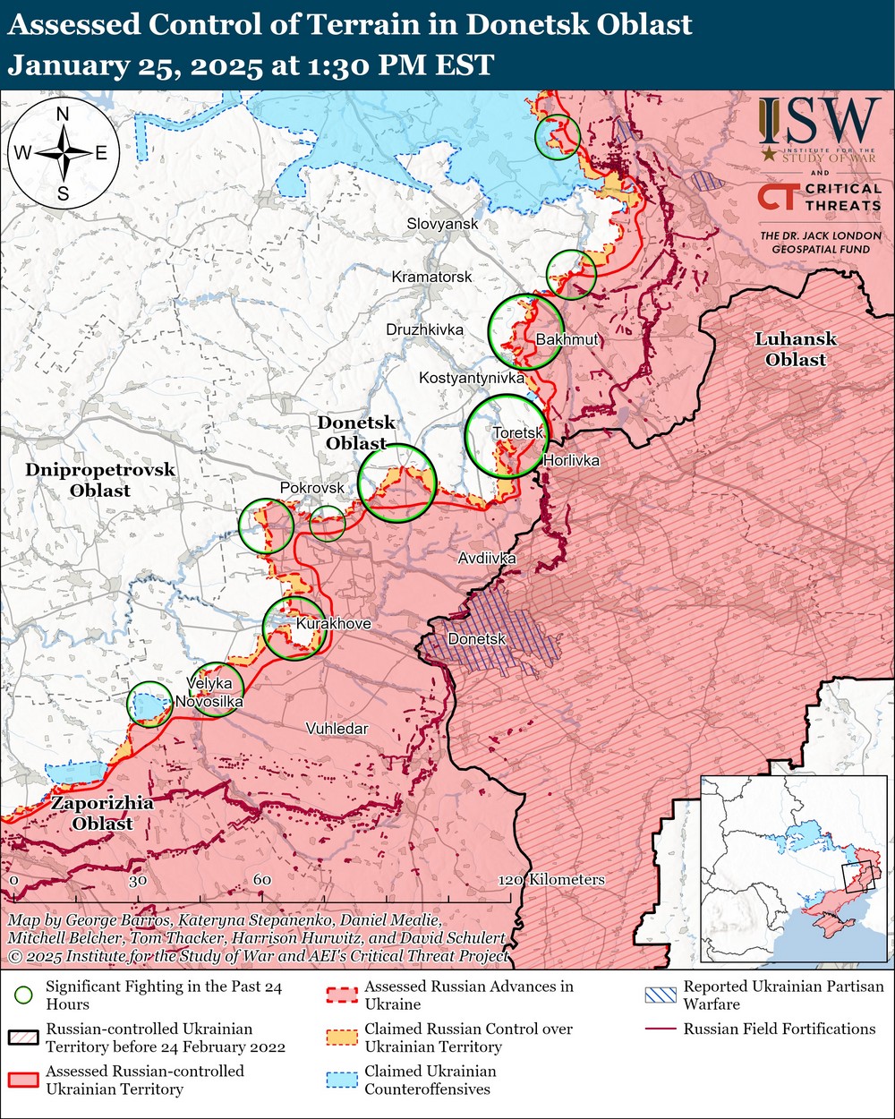 isw russian forces advance near donetsk's toretsk pokrovsk kurakhove velyka novosilka donetsk oblast 25 2025 continued offensive operations across all fronts made advances only four locations within us-based institute study