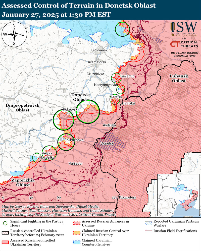 isw ukraine recaptures toretsk positions amid russian advances nearby donetsk-oblast-january-27-2025 ukraine's khortytsia grouping reports intense combat chasiv yar russians firing over 200 artillery rounds donetsk oblast ukrainian forces recently regained