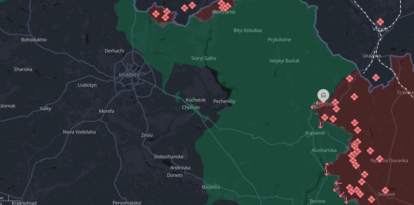 A map featuring the frontline as of this moment, with the icon indicating Dvorichna. Kharkiv is situated farther east of the town. Screenshot via Deepstate.ua