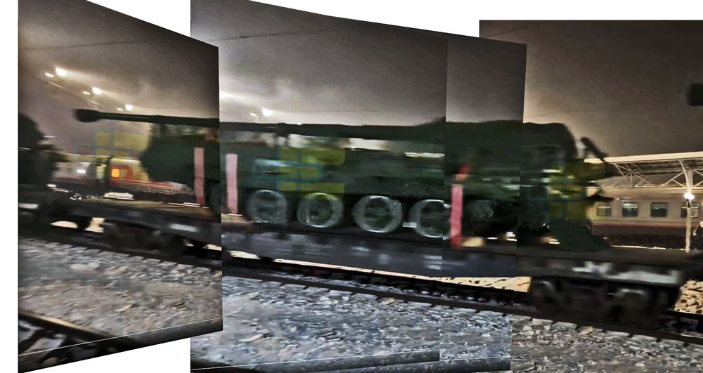 North Korean 170mm Koksan SPG transported by train in Russia. A composite image made of screenshots from a video publicshed by Supernova Plus Telegram channel.