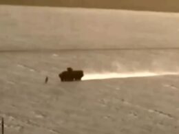 ukrainian stryker crew runs over russian soldier kursk oblast attack ukraine's ifv carmageddoned during ongoing new offensive russia's drone surveillance captured footage infantry fighting vehicle pursuing running least one snowy