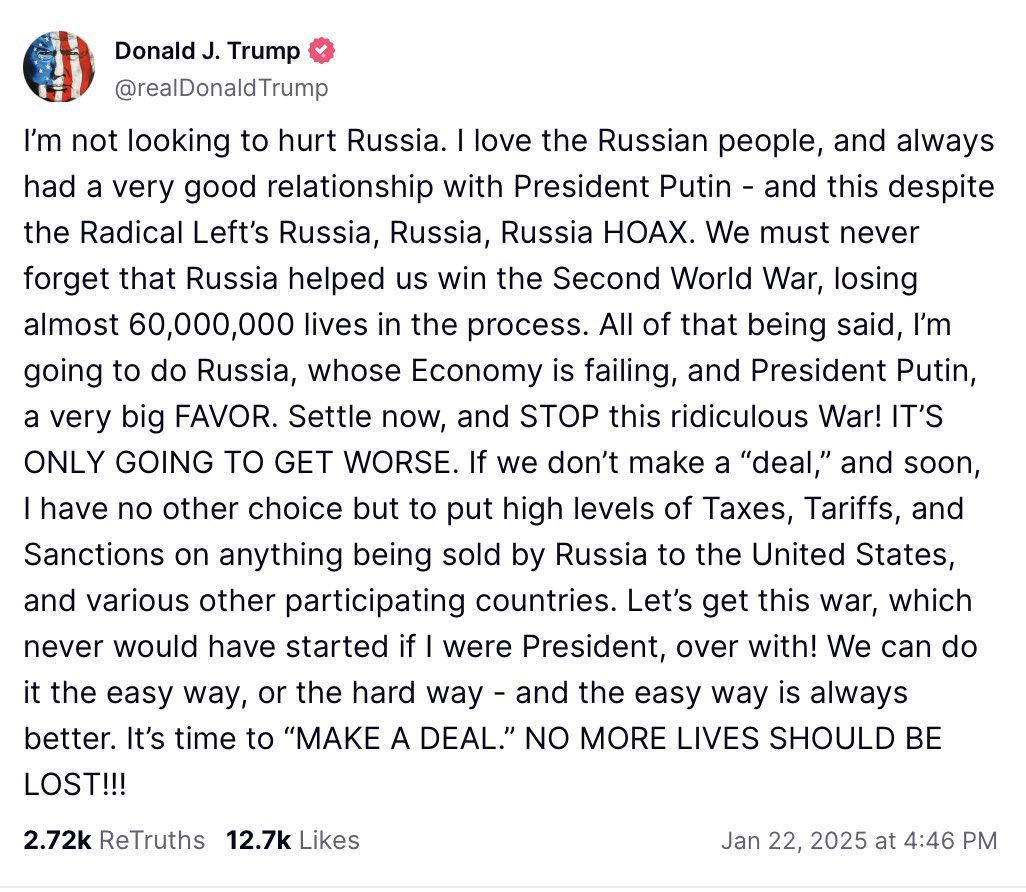 Trump post Russia ultimatum