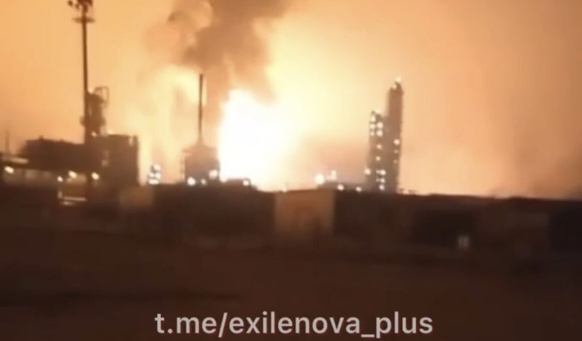 A fire at the Astrakhan Gas Processing Plant (AGPP) in Russia attacked by drones on 3 February 2025.