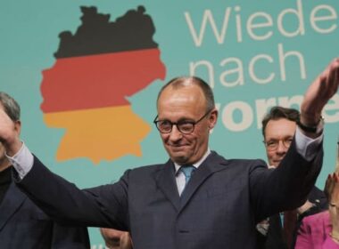 Friedrich Merz, Chairman and candidate for chancellor of the Christian Democratic Union (CDU), speaks at the party's headquarters, the Konrad Adenauer House, after the forecast of the German federal election for the 21st Bundestag. Michael Kappeler/dpa