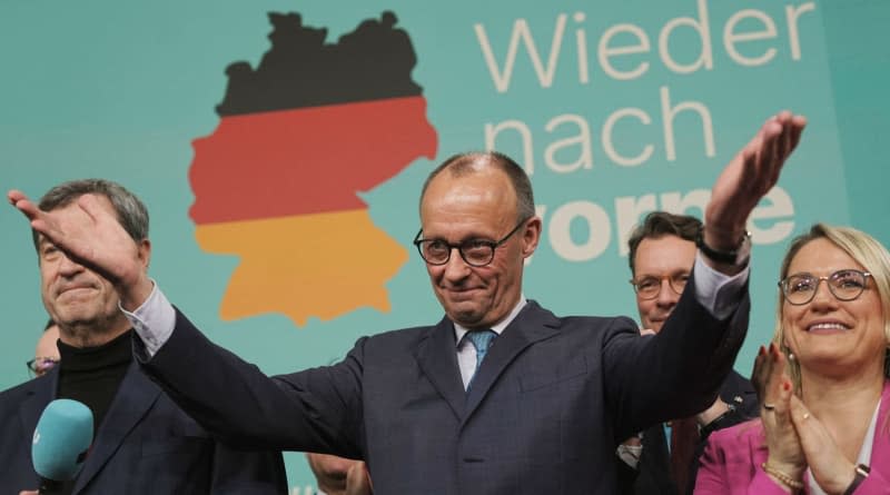 Friedrich Merz, Chairman and candidate for chancellor of the Christian Democratic Union (CDU), speaks at the party's headquarters, the Konrad Adenauer House, after the forecast of the German federal election for the 21st Bundestag. Michael Kappeler/dpa