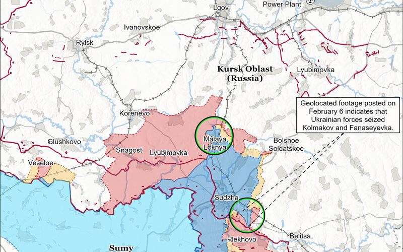 isw kursk-sudzha ukraine news ukrainian reports Ukrainian forces launched a new series of battalion-sized mechanized assaults in Kursk Oblast and advanced up to five kilometers behind Russian lines southeast of Sudzha, Kursk Oblast on February 6. Geolocated footage published on February 6 indicates that Ukrainian forces recently advanced southwest of Makhnovka (southeast of Sudzha) and north and east of Cherkasskaya Konopelka (southeast of Sudzha) along the 38K-028 Sudzha-Oboyan highway and seized Kolmakov (north of Cherkasskaya Konopelka)