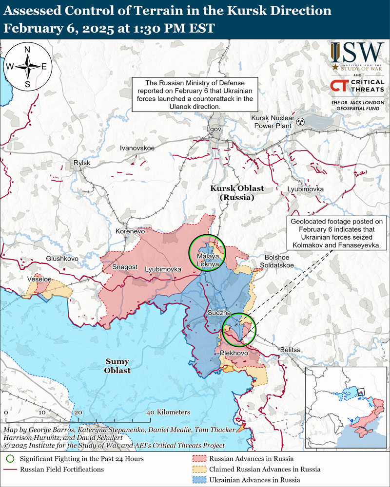 isw kursk-sudzha ukraine news ukrainian reports Ukrainian forces launched a new series of battalion-sized mechanized assaults in Kursk Oblast and advanced up to five kilometers behind Russian lines southeast of Sudzha, Kursk Oblast on February 6. Geolocated footage published on February 6 indicates that Ukrainian forces recently advanced southwest of Makhnovka (southeast of Sudzha) and north and east of Cherkasskaya Konopelka (southeast of Sudzha) along the 38K-028 Sudzha-Oboyan highway and seized Kolmakov (north of Cherkasskaya Konopelka)