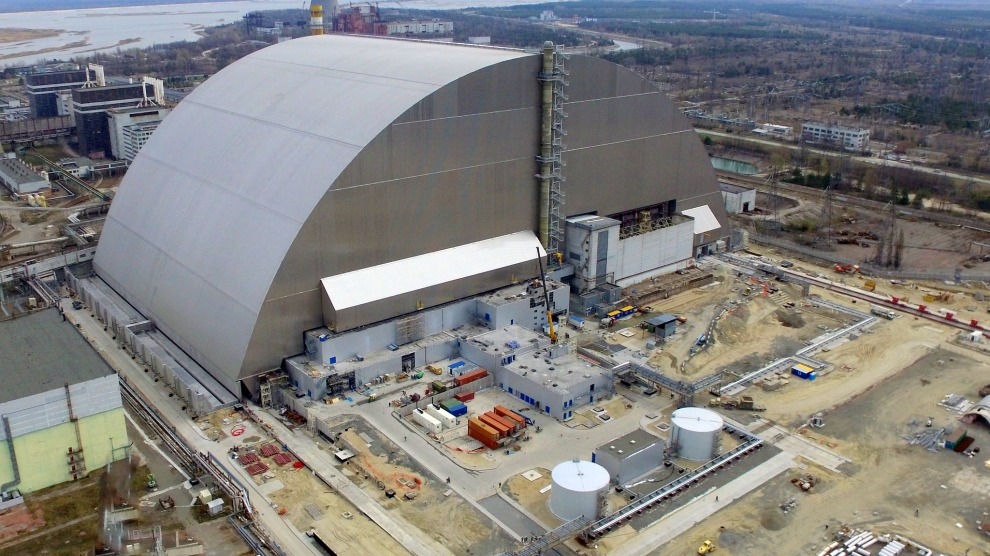 chornobyl plant containment shell damaged russian explosive drone new safe confinement nuclear built confine remains reactor unit 4 which destroyed during chernobyl disaster 1986 kyiv oblast 2019 ukraine news ukrainian