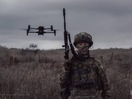 A Ukrainian soldier with a drone