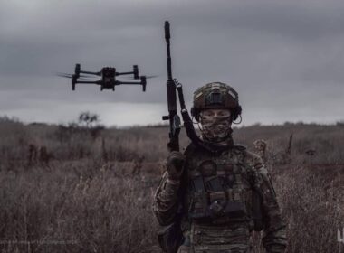 A Ukrainian soldier with a drone