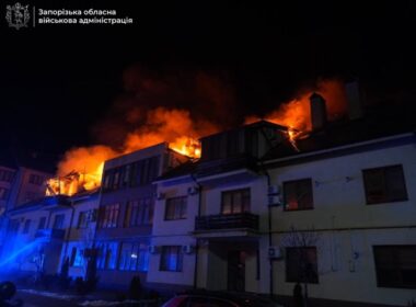 Russian drone attack on 1 March 2025 set Zaporizhzhia apartment building ablaze.