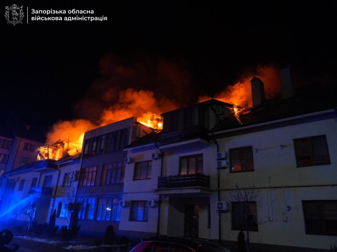 Russian drone attack on 1 March 2025 set Zaporizhzhia apartment building ablaze.