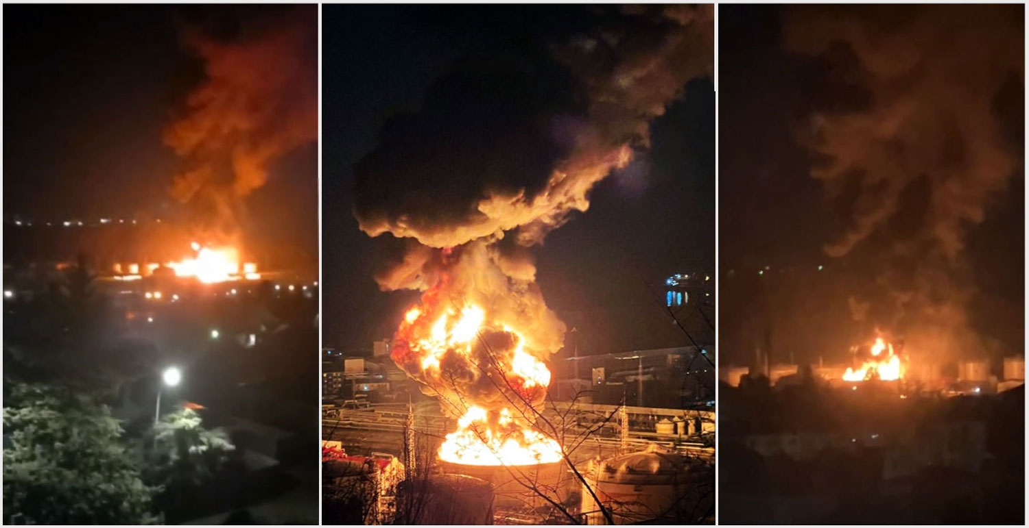 rosneft-owned refinery tuapse hit overnight drone attack fuel tank fire oil depot southern russia's krasnodar krai ukrainian drones reportedly targeted several strategic facilities across russia 14 causing major striking gas