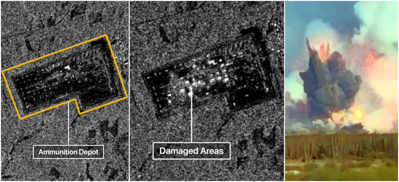 satellite images reveal extensive damage russia's 51st grau arsenal vladimir oblast synthetic aperture radar before (l) after (c) explosions 22 2025 one massive facility (screenshot telegram/exilenova+) grau-51-ammo-depo-goes-boom major ammunition depot