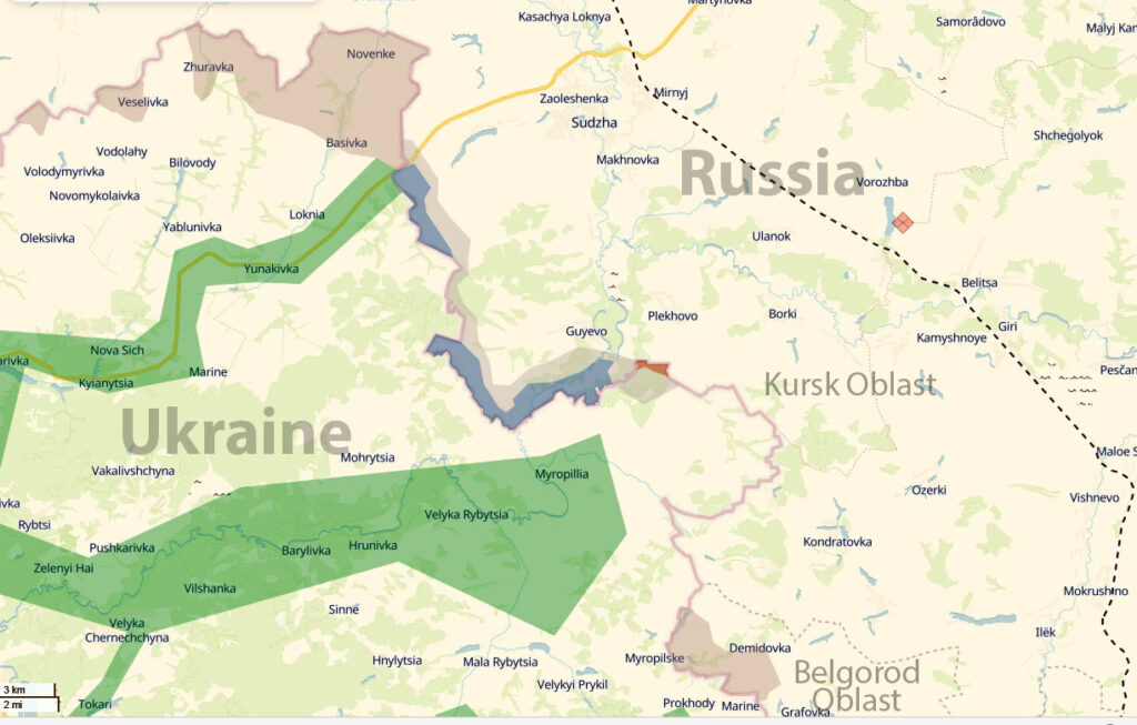zelenskyy refutes russian claims full control over kursk says fighting also continues russia's belgorod situation ukraine's northern sumy oblast oblasts legend blue - under ukrainian gray gray-pinkish zone green liberated