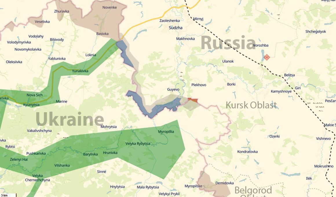 zelenskyy refutes russian claims full control over kursk says fighting also continues russia's belgorod situation ukraine's northern sumy oblast oblasts legend blue - under ukrainian gray gray-pinkish zone green liberated
