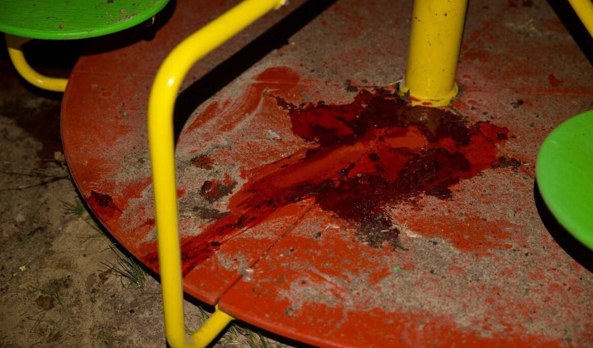 Blood on a children's playground after the Russian missile strike on Kryvyi Rih on 4 April 2025.