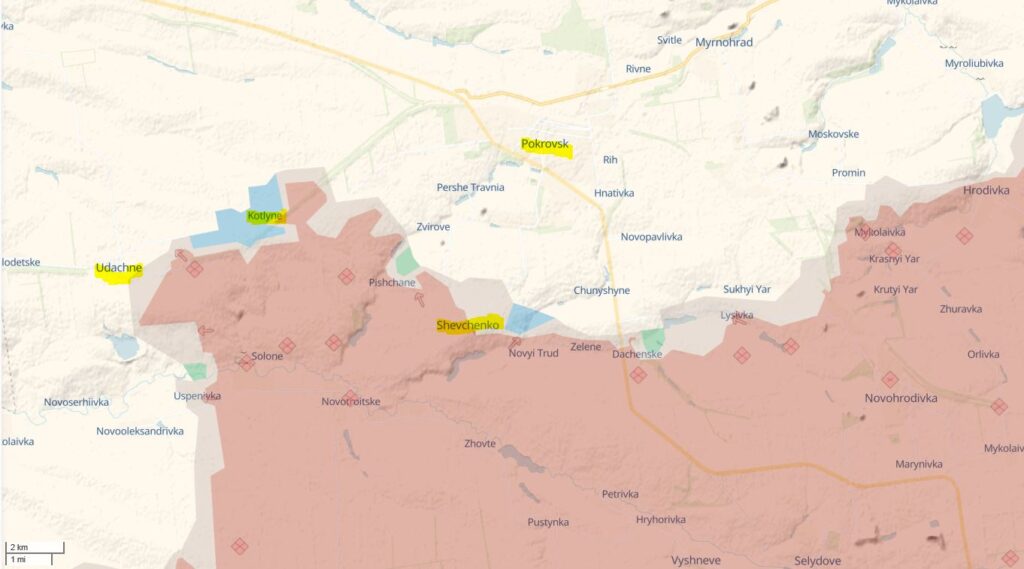 ukrainian defense forces liberate 16 km² near pokrovsk top general says situation donetsk oblast russian occupied territory marked red ukraine's most recent gains blue earlier ones green kotlyne shevchenko commander-in-chief