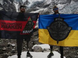 Ukrainian war veterans of military intelligence, Ivan Tarn (right) and Oleksandr Dashko (left), climbed the Everest base camp at 5,280 meters on prosthetics to raise fund for phantom pain treatment.