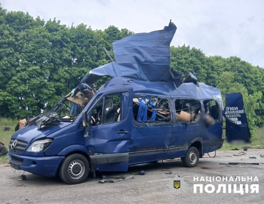 russian drone blows up civilian shuttle bus leaving nine dead sumy border town mini-bus bilopillia-sumy struck morning 17 2025 killing 9 passengers 498016779_1056136843323012_6351334390770892022_n civilians were killed seven injured early hours