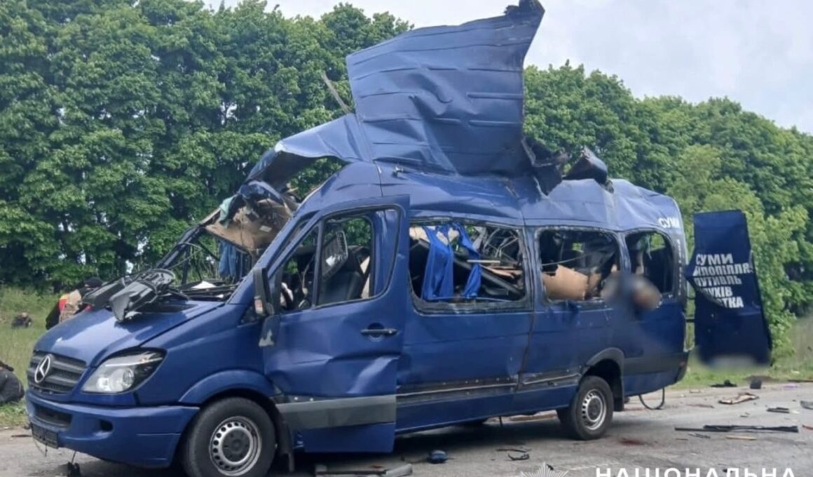 russian drone blows up civilian shuttle bus leaving nine dead sumy border town mini-bus bilopillia-sumy struck morning 17 2025 killing 9 passengers 498016779_1056136843323012_6351334390770892022_n civilians were killed seven injured early hours