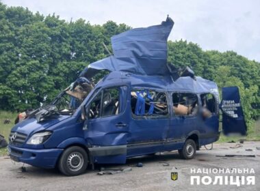 russian drone blows up civilian shuttle bus leaving nine dead sumy border town mini-bus bilopillia-sumy struck morning 17 2025 killing 9 passengers 498016779_1056136843323012_6351334390770892022_n civilians were killed seven injured early hours