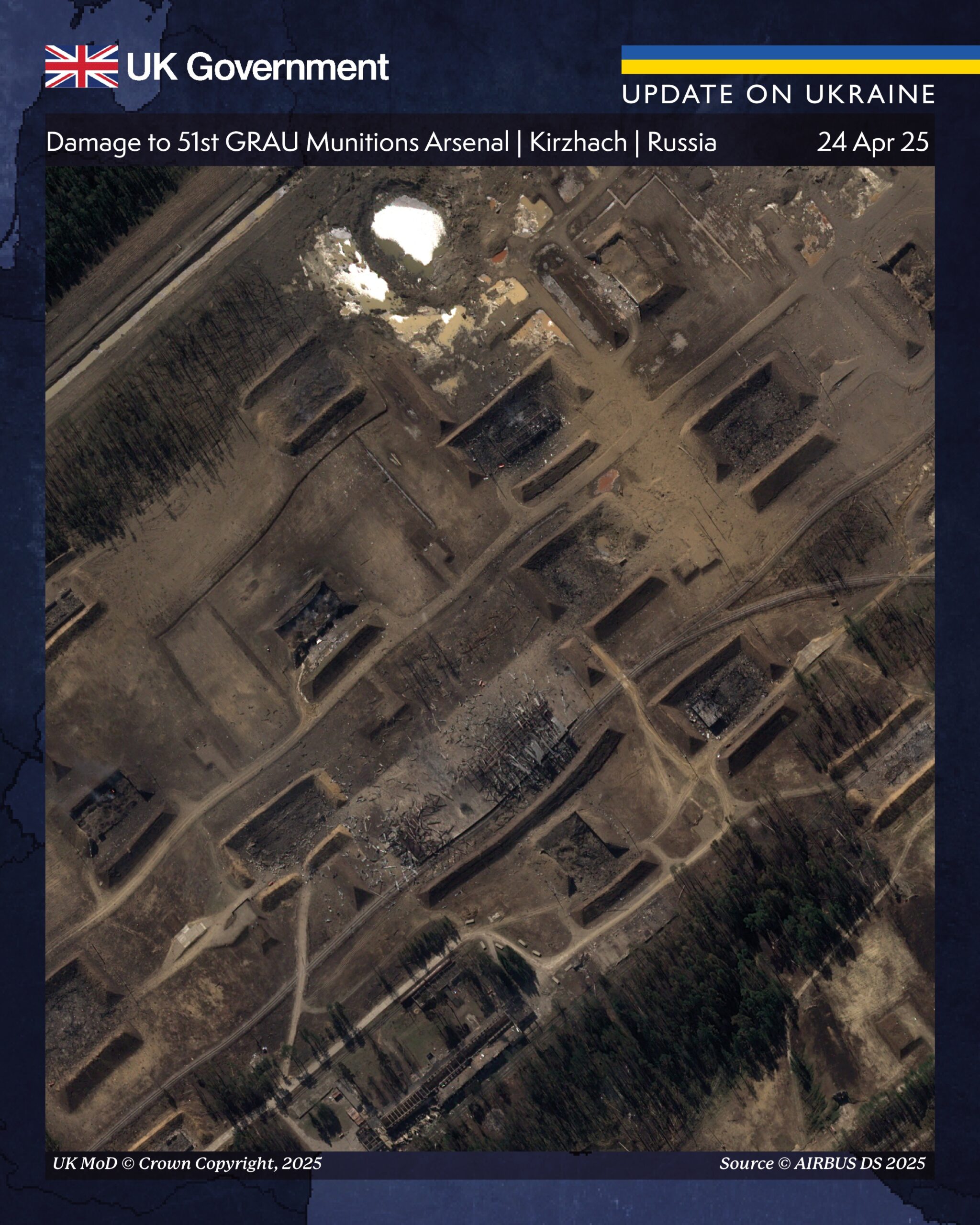 uk intelligence russia’s recent ammo depot loss self-inflicted government satellite dated 24 2025 shows damage 51st grau munitions arsenal kirzhach russia mod © crown copyright 2025; airbus ds 2 ministry