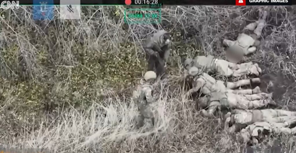 Screenshot from drone footage showing execution of Ukrainian POWs by Russian forces, shared by CNN alongside intercepted Russian radio communication. November 2024, Zaporizhzhia Oblast. executions