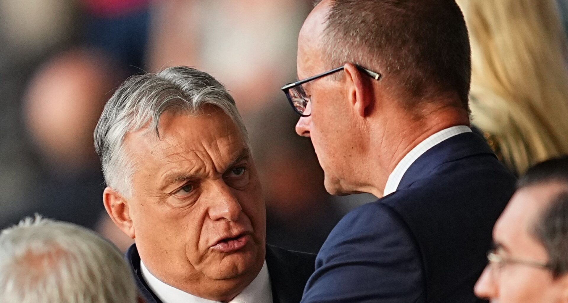 hungary slovakia could lose eu funds over pro-russia stance hungarian prime minister orban (l) german chancellor merz during euro 2024 final berlin friedrich has announced tougher against continued obstruction sanctions