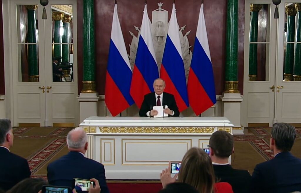 Vladimir Putin after reading a statement to journalists in the Kremlin overnight into 11 May 2025. Screenshot: Youtube/kremlin