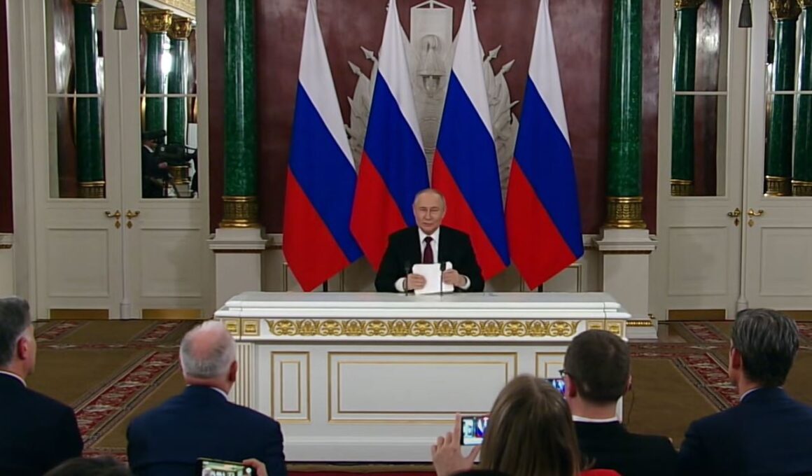 Vladimir Putin after reading a statement to journalists in the Kremlin overnight into 11 May 2025. Screenshot: Youtube/kremlin
