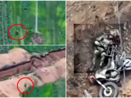 forbes drone captures deadly crash russian biker soldier moscow persists failed motorbike raids soldier's lethal attempt jump over anti-tank trench ukraine russian-dead-biker-military military faces equipment shortages increasingly relies motorcycles troop