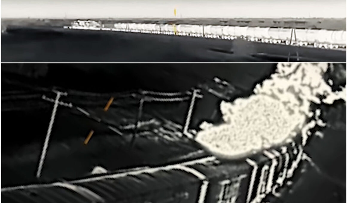 Russian military fuel train seen from Ukrainian drones moments before impact—each image shows a different drone's view just before its respective strike. A large fire erupted following the attacks. Zaporizhzhia Oblast, 24 May 2025. Photos: HUR