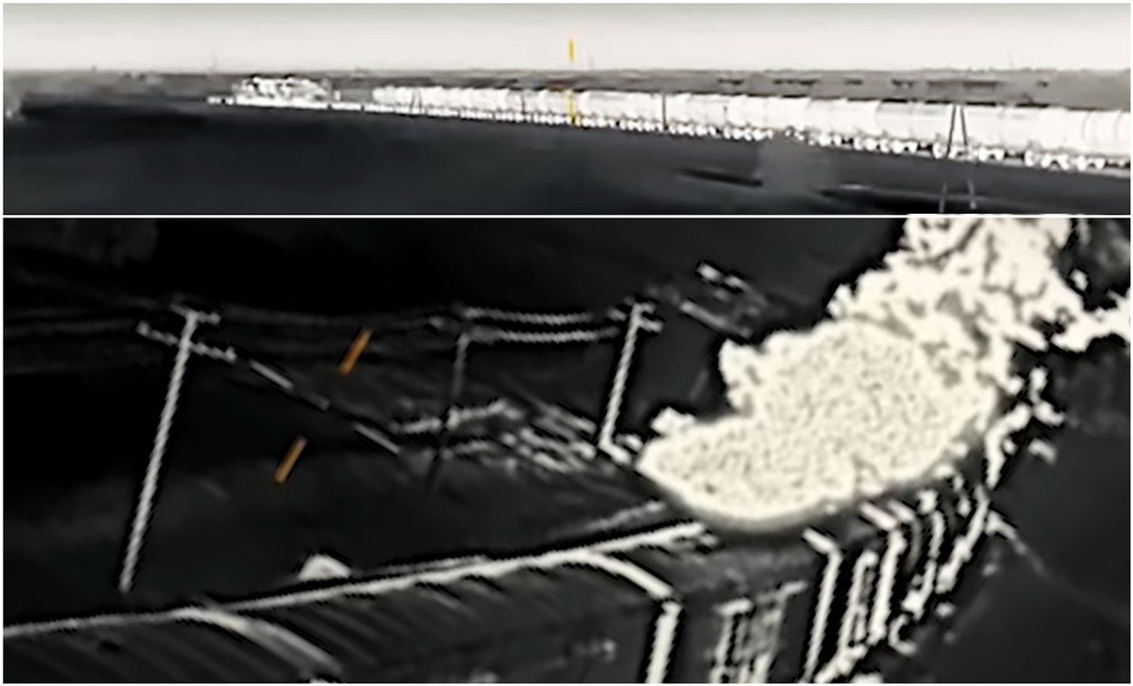 Russian military fuel train seen from Ukrainian drones moments before impact—each image shows a different drone's view just before its respective strike. A large fire erupted following the attacks. Zaporizhzhia Oblast, 24 May 2025. Photos: HUR