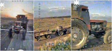 russian combat-modified farm tractor hit ukrainian fpv drone near chasiv yar t-40 reinforced steel sheets combat use forces moments before strikes donetsk oblast 2025 t-40-russia-stolen-tractor-in-donetsk-oblast 427th raroh regiment unmanned systems