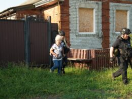 Evacuation of civilians from the village of Pysarivka in Ukraine's Sumy Oblast.