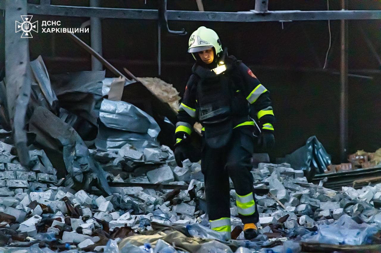 Aftermath of the Russian drone strike that damaged a warehouse in Kharkiv Oblast on 30 June.