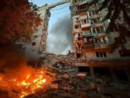 An apartment building destroyed by a Russian ballistic missile strike in Kyiv on 17 June.