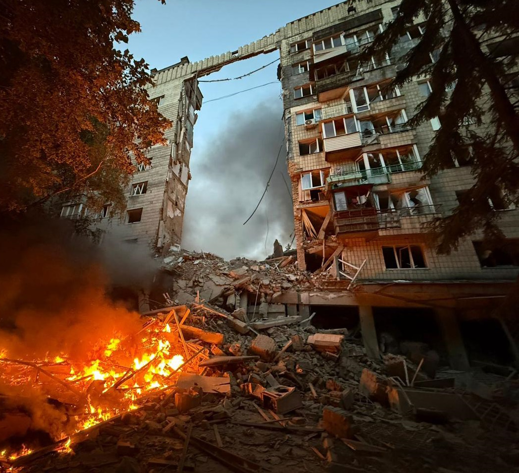An apartment building destroyed by a Russian ballistic missile strike in Kyiv on 17 June.